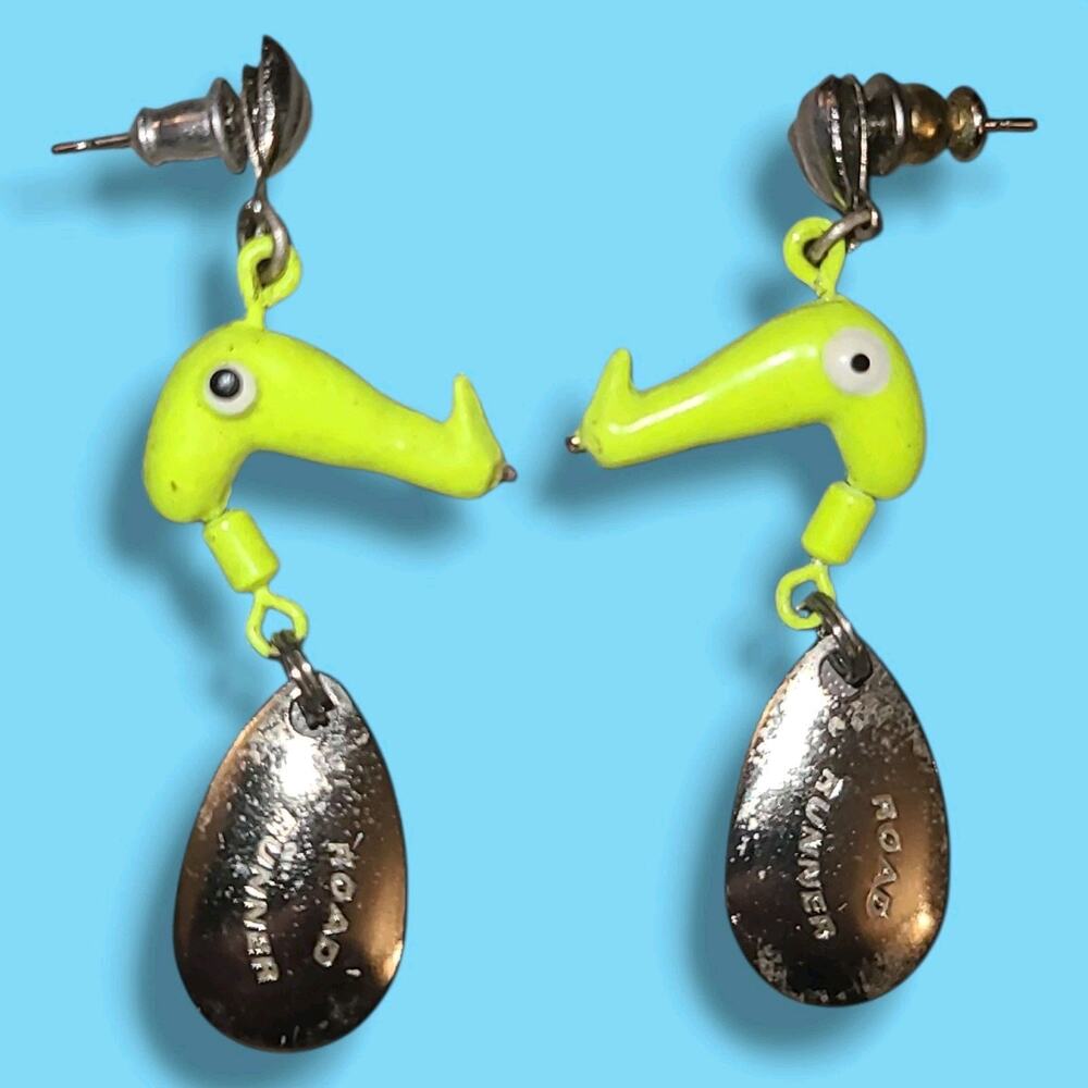 Vintage Road Runner Fishing Lure Dangle‎ Earrings Neon Yellow